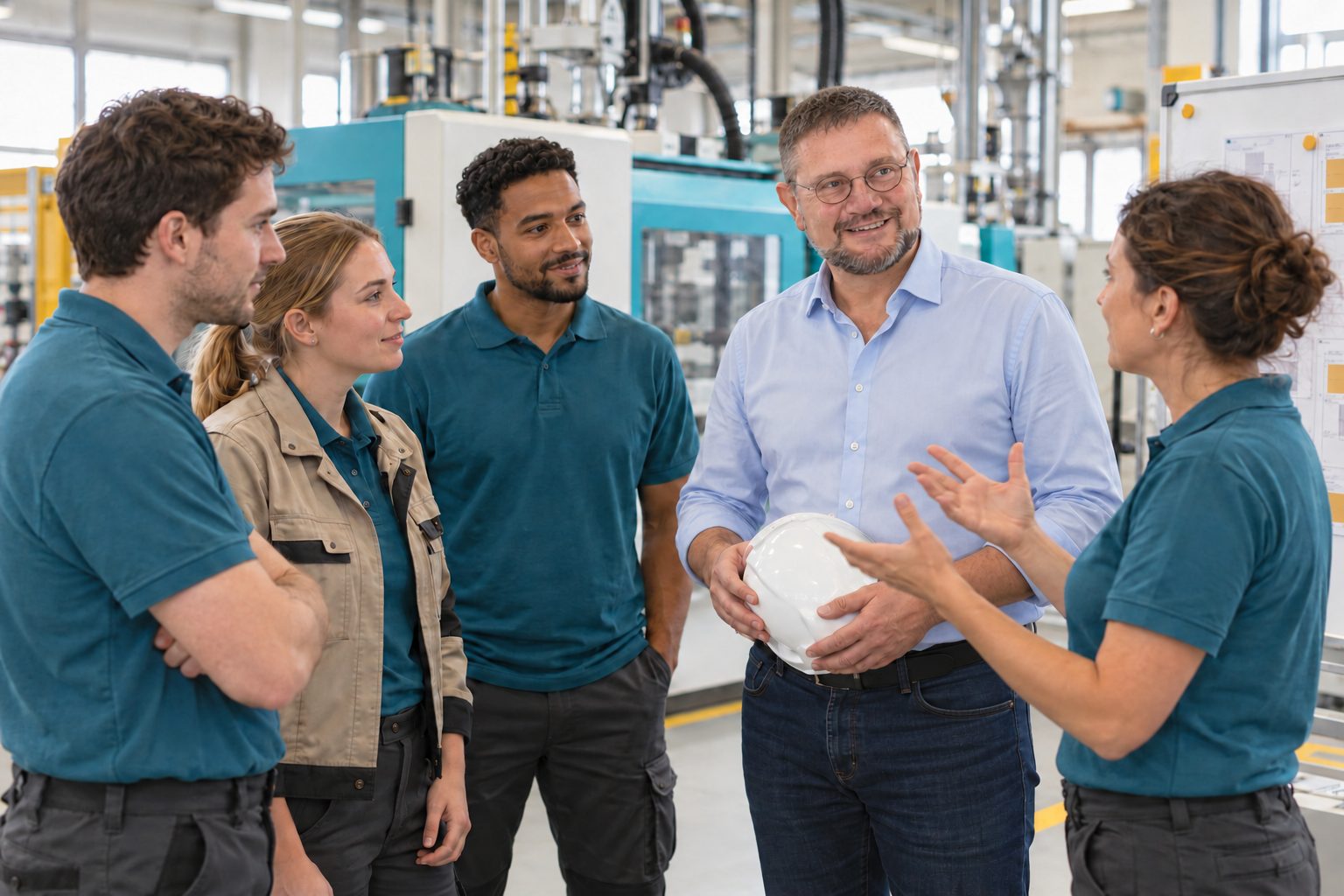 Interim Manager im Gespräch mit Mitarbeitenden in einer Produktionshalle