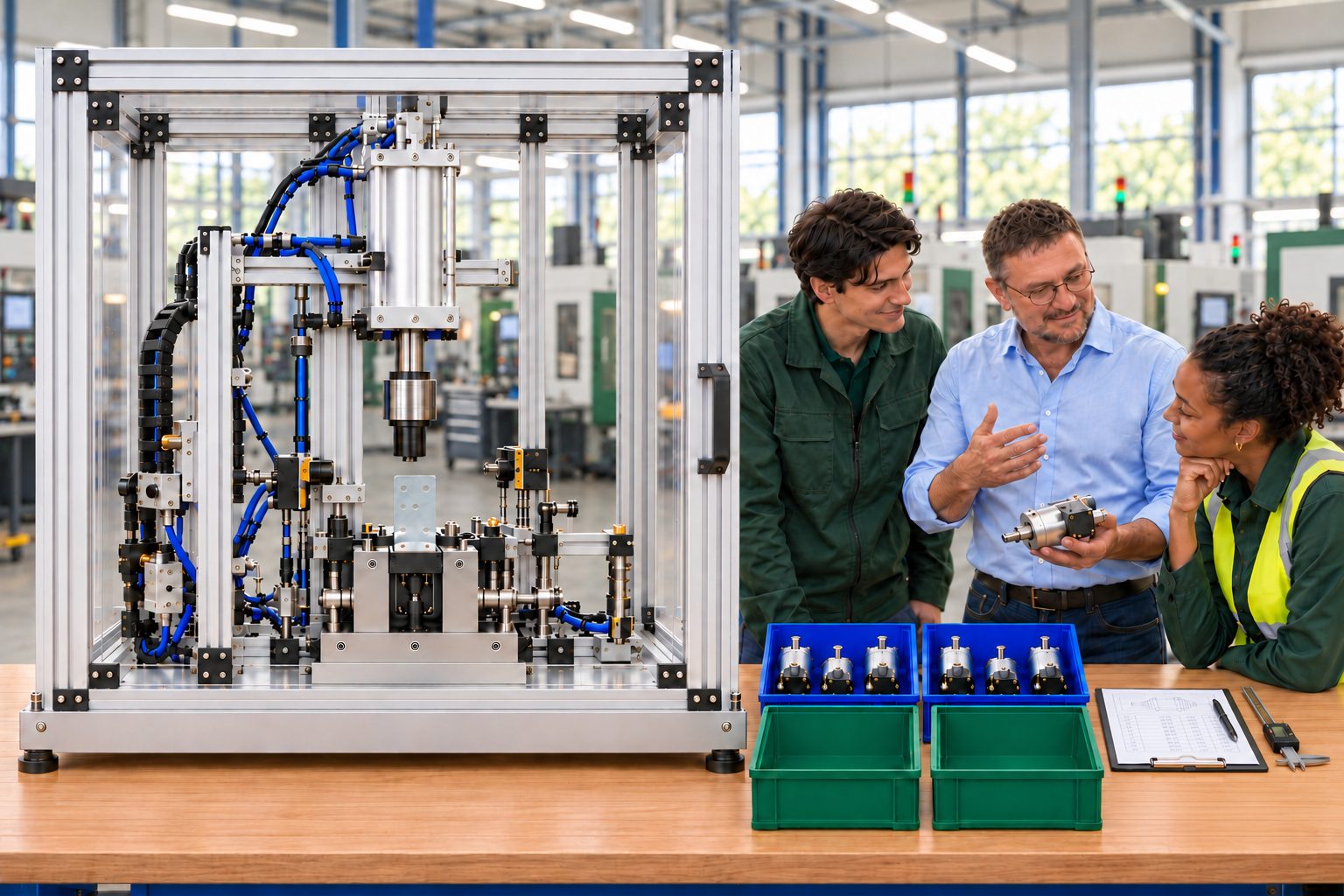 Interim Manager bespricht ein Bauteil mit Mitarbeitenden vor einer Sondermaschine